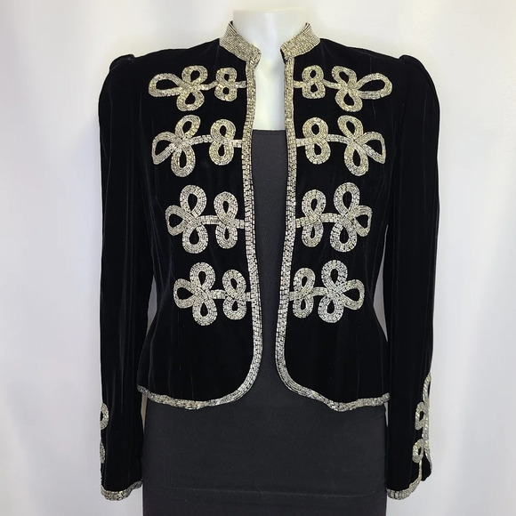 Oscar de la Renta Lillie Rubin Vintage Black Velvet Silver Beaded Jacket Medium - Picture 2 of 16